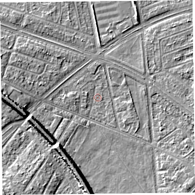 Shaded relief map of the ground around L48SR, computed from Environment Agency LiDAR. The ground here sits at about 29 m above sea level and falls 11 m across the surrounding 800 m. Surface water reaching this point runs off ground lying to the south, 9.9 m higher.