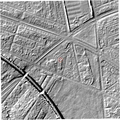 Shaded relief map of the ground around L48SS, computed from Environment Agency LiDAR. The ground here sits at about 30 m above sea level and falls 10 m across the surrounding 800 m. Surface water reaching this point runs off ground lying to the south, 9.7 m higher.