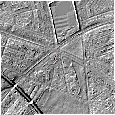 Shaded relief map of the ground around L48SW, computed from Environment Agency LiDAR. The ground here sits at about 29 m above sea level and falls 11 m across the surrounding 800 m. Surface water reaching this point runs off ground lying to the south-south-west, 9.3 m higher.