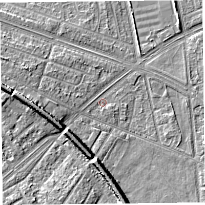Shaded relief map of the ground around L48SY, computed from Environment Agency LiDAR. The ground here sits at about 30 m above sea level and falls 10 m across the surrounding 800 m. Surface water reaching this point runs off ground lying to the west, 7.9 m higher.