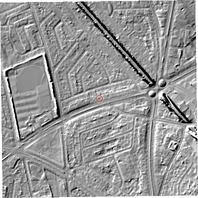 Shaded relief map of the ground around L49RB, computed from Environment Agency LiDAR. The ground here sits at about 29 m above sea level and falls 10 m across the surrounding 800 m. Surface water reaching this point runs off ground lying to the east, 0.5 m higher.