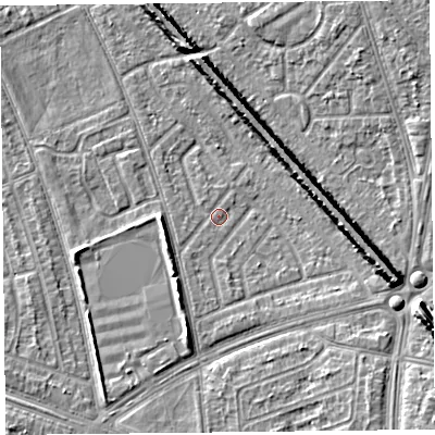 Shaded relief map of the ground around L49RD, computed from Environment Agency LiDAR. The ground here sits at about 28 m above sea level and falls 10 m across the surrounding 800 m. Surface water reaching this point runs off ground lying to the south-south-west, 1.3 m higher.