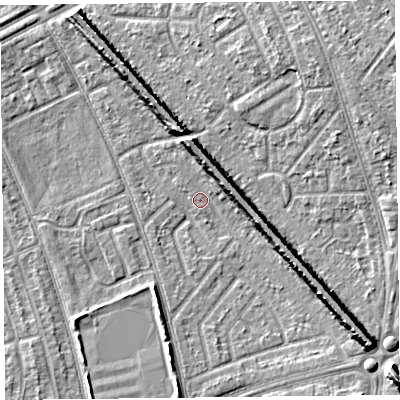 Shaded relief map of the ground around L49RF, computed from Environment Agency LiDAR. The ground here sits at about 28 m above sea level and falls 11 m across the surrounding 800 m. Surface water reaching this point runs off ground lying to the north, 6.3 m higher.