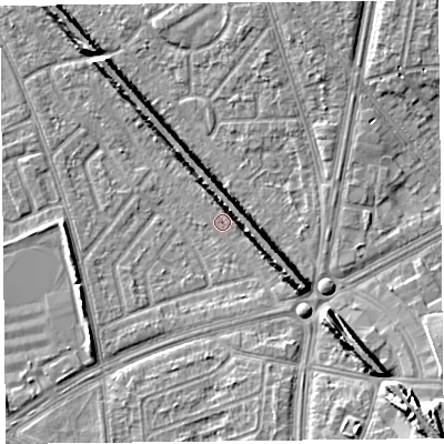 Shaded relief map of the ground around L49RG, computed from Environment Agency LiDAR. The ground here sits at about 28 m above sea level and falls 12 m across the surrounding 800 m. Surface water reaching this point runs off ground lying to the south-east, 7.3 m higher.