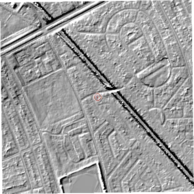 Shaded relief map of the ground around L49RH, computed from Environment Agency LiDAR. The ground here sits at about 28 m above sea level and falls 9 m across the surrounding 800 m. Surface water reaching this point runs off ground lying to the south-east, 8.0 m higher.