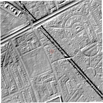 Shaded relief map of the ground around L49RJ, computed from Environment Agency LiDAR. The ground here sits at about 28 m above sea level and falls 8 m across the surrounding 800 m. Surface water reaching this point runs off ground lying to the west-north-west, 0.6 m higher.