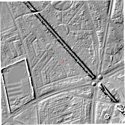 Shaded relief map of the ground around L49RL, computed from Environment Agency LiDAR. The ground here sits at about 28 m above sea level and falls 11 m across the surrounding 800 m. Surface water reaching this point runs off ground lying to the south-east, 10.1 m higher.
