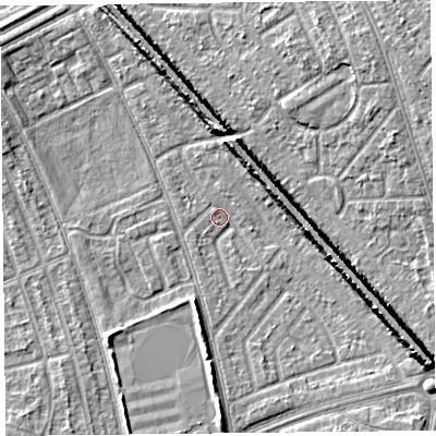 Shaded relief map of the ground around L49RN, computed from Environment Agency LiDAR. The ground here sits at about 28 m above sea level and falls 9 m across the surrounding 800 m. Surface water reaching this point runs off ground lying to the south-east, 8.2 m higher.