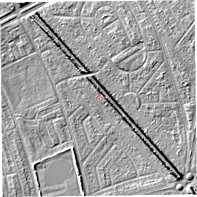 Shaded relief map of the ground around L49RQ, computed from Environment Agency LiDAR. The ground here sits at about 28 m above sea level and falls 11 m across the surrounding 800 m. Surface water reaching this point runs off ground lying to the north, 6.3 m higher.