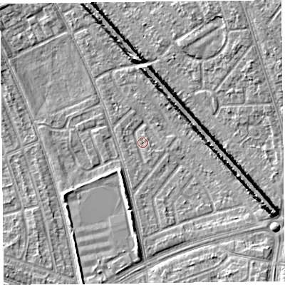 Shaded relief map of the ground around L49RR, computed from Environment Agency LiDAR. The ground here sits at about 28 m above sea level and falls 9 m across the surrounding 800 m. Surface water reaching this point runs off ground lying to the east-south-east, 8.1 m higher.