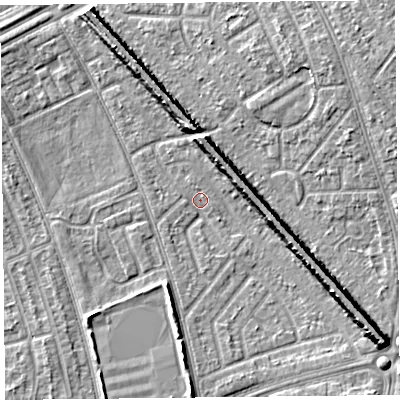 Shaded relief map of the ground around L49RW, computed from Environment Agency LiDAR. The ground here sits at about 28 m above sea level and falls 9 m across the surrounding 800 m. Surface water reaching this point runs off ground lying to the south-east, 8.2 m higher.