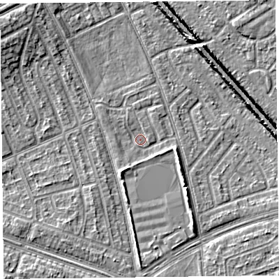 Shaded relief map of the ground around L49XT, computed from Environment Agency LiDAR. The ground here sits at about 28 m above sea level and falls 8 m across the surrounding 800 m. Surface water reaching this point runs off ground lying to the east-south-east, 1.6 m higher.