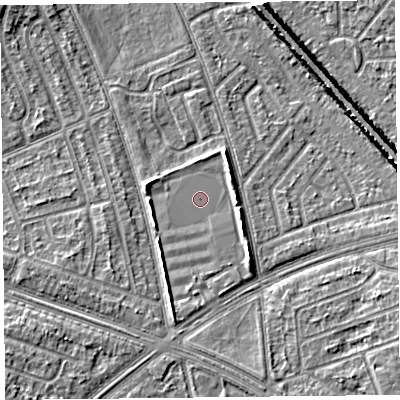 Shaded relief map of the ground around L49XU, computed from Environment Agency LiDAR. The ground here sits at about 29 m above sea level and falls 8 m across the surrounding 800 m. The ground contributing surface water to this point lies to the south-south-east.