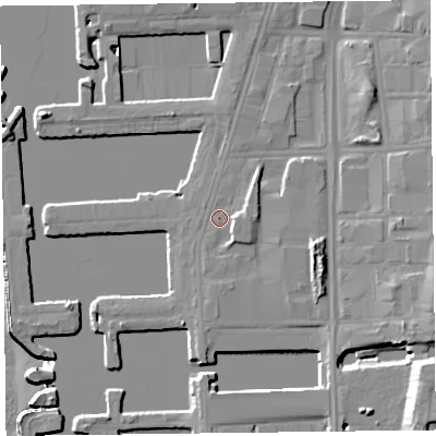 Shaded relief map of the ground around L59SR, computed from Environment Agency LiDAR. The ground here sits at about 7 m above sea level and falls 19 m across the surrounding 800 m. Surface water reaching this point runs off ground lying to the east-south-east, 2.3 m higher.