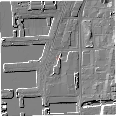 Shaded relief map of the ground around L59TG, computed from Environment Agency LiDAR. The ground here sits at about 7 m above sea level and falls 17 m across the surrounding 800 m. Surface water reaching this point runs off ground lying to the south-east, 5.7 m higher.