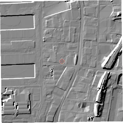 Shaded relief map of the ground around L59XN, computed from Environment Agency LiDAR. The ground here sits at about 8 m above sea level and falls 17 m across the surrounding 800 m. Surface water reaching this point runs off ground lying to the east-south-east, 1.0 m higher.