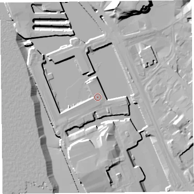 Shaded relief map of the ground around L701AD, computed from Environment Agency LiDAR. The ground here sits at about 7 m above sea level and falls 21 m across the surrounding 800 m. Surface water reaching this point runs off ground lying to the north, 1.0 m higher.
