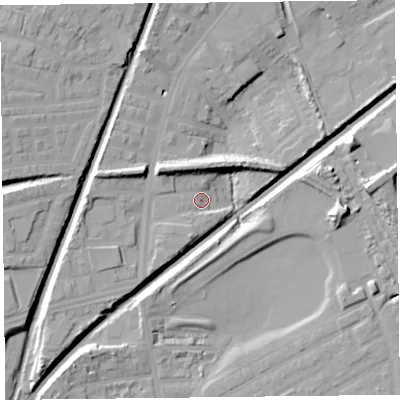 Shaded relief map of the ground around L92BR, computed from Environment Agency LiDAR. The ground here sits at about 27 m above sea level and falls 15 m across the surrounding 800 m. Surface water reaching this point runs off ground lying to the north-west, 9.2 m higher.