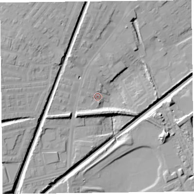 Shaded relief map of the ground around L92BS, computed from Environment Agency LiDAR. The ground here sits at about 27 m above sea level and falls 15 m across the surrounding 800 m. Surface water reaching this point runs off ground lying to the south-west, 10.8 m higher.
