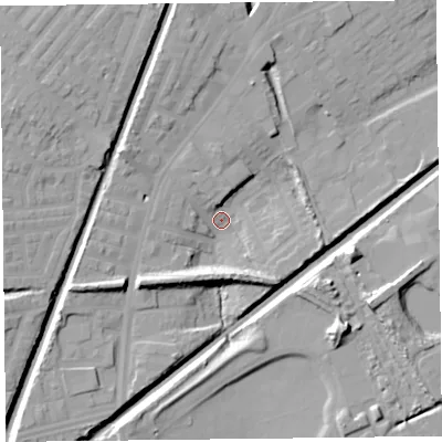 Shaded relief map of the ground around L92BY, computed from Environment Agency LiDAR. The ground here sits at about 25 m above sea level and falls 15 m across the surrounding 800 m. Surface water reaching this point runs off ground lying to the south-west, 10.8 m higher.