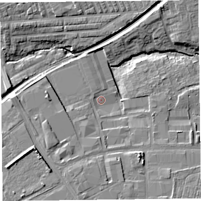 Shaded relief map of the ground around L97AU, computed from Environment Agency LiDAR. The ground here sits at about 24 m above sea level and falls 12 m across the surrounding 800 m. Surface water reaching this point runs off ground lying to the south-west, 4.5 m higher.