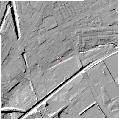 Shaded relief map of the ground around L99AR, computed from Environment Agency LiDAR. The ground here sits at about 25 m above sea level and falls 15 m across the surrounding 800 m. Surface water reaching this point runs off ground lying to the west-north-west, 7.5 m higher.