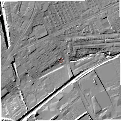 Shaded relief map of the ground around L99AX, computed from Environment Agency LiDAR. The ground here sits at about 24 m above sea level and falls 15 m across the surrounding 800 m. Surface water reaching this point runs off ground lying to the west-north-west, 3.0 m higher.