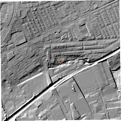 Shaded relief map of the ground around L99BL, computed from Environment Agency LiDAR. The ground here sits at about 24 m above sea level and falls 14 m across the surrounding 800 m. Surface water reaching this point runs off ground lying to the north-north-east, 8.0 m higher.