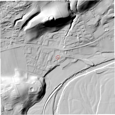 Shaded relief map of the ground around LA105AL, computed from Environment Agency LiDAR. The ground here sits at about 118 m above sea level and falls 71 m across the surrounding 800 m. Surface water reaching this point runs off ground lying to the north, 61.0 m higher.
