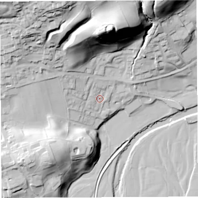 Shaded relief map of the ground around LA105AW, computed from Environment Agency LiDAR. The ground here sits at about 119 m above sea level and falls 72 m across the surrounding 800 m. Surface water reaching this point runs off ground lying to the north-north-west, 5.0 m higher.