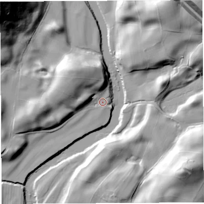 Shaded relief map of the ground around LA105EE, computed from Environment Agency LiDAR. The ground here sits at about 102 m above sea level and falls 74 m across the surrounding 800 m. Surface water reaching this point runs off ground lying to the north-west, 20.9 m higher.