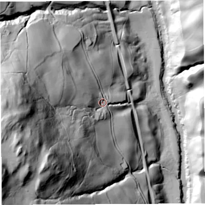 Shaded relief map of the ground around LA105EF, computed from Environment Agency LiDAR. The ground here sits at about 162 m above sea level and falls 187 m across the surrounding 800 m. Surface water reaching this point runs off ground lying to the west-south-west, 127.2 m higher.