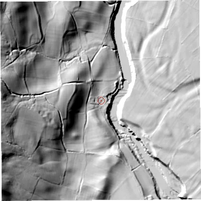 Shaded relief map of the ground around LA105EP, computed from Environment Agency LiDAR. The ground here sits at about 88 m above sea level and falls 86 m across the surrounding 800 m. Surface water reaching this point runs off ground lying to the west, 36.7 m higher.