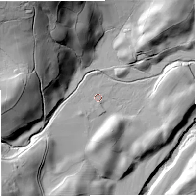 Shaded relief map of the ground around LA105EQ, computed from Environment Agency LiDAR. The ground here sits at about 109 m above sea level and falls 103 m across the surrounding 800 m. Surface water reaching this point runs off ground lying to the west-south-west, 7.6 m higher.