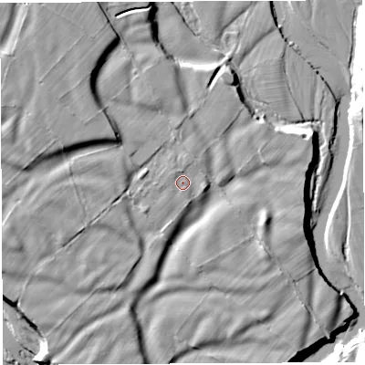 Shaded relief map of the ground around LA105ES, computed from Environment Agency LiDAR. The ground here sits at about 85 m above sea level and falls 21 m across the surrounding 800 m. Surface water reaching this point runs off ground lying to the north-west, 1.2 m higher.
