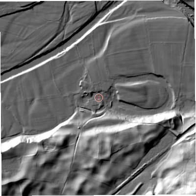 Shaded relief map of the ground around LA105ET, computed from Environment Agency LiDAR. The ground here sits at about 85 m above sea level and falls 63 m across the surrounding 800 m. Surface water reaching this point runs off ground lying to the east-south-east, 24.3 m higher.
