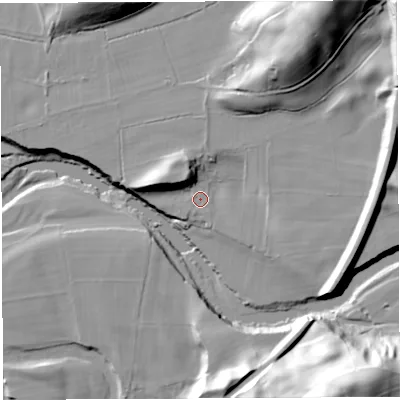 Shaded relief map of the ground around LA105HN, computed from Environment Agency LiDAR. The ground here sits at about 92 m above sea level and falls 51 m across the surrounding 800 m. Surface water reaching this point runs off ground lying to the north-north-east, 30.5 m higher.