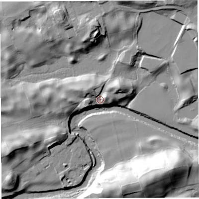 Shaded relief map of the ground around LA105HQ, computed from Environment Agency LiDAR. The ground here sits at about 108 m above sea level and falls 49 m across the surrounding 800 m. Surface water reaching this point runs off ground lying to the north-west, 9.2 m higher.