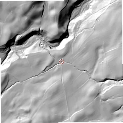 Shaded relief map of the ground around LA105HY, computed from Environment Agency LiDAR. The ground here sits at about 158 m above sea level and falls 87 m across the surrounding 800 m. Surface water reaching this point runs off ground lying to the east, 51.6 m higher.