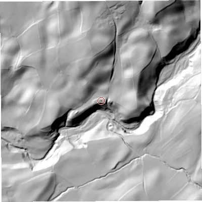 Shaded relief map of the ground around LA105HZ, computed from Environment Agency LiDAR. The ground here sits at about 151 m above sea level and falls 81 m across the surrounding 800 m. Surface water reaching this point runs off ground lying to the north-north-east, 48.0 m higher.