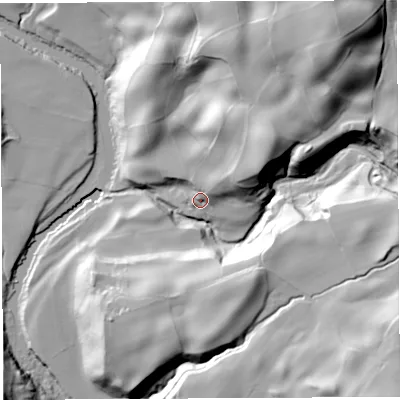 Shaded relief map of the ground around LA105JD, computed from Environment Agency LiDAR. The ground here sits at about 128 m above sea level and falls 69 m across the surrounding 800 m. Surface water reaching this point runs off ground lying to the north-east, 11.2 m higher.