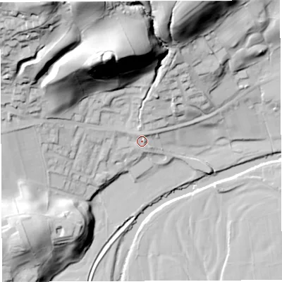 Shaded relief map of the ground around LA105JJ, computed from Environment Agency LiDAR. The ground here sits at about 119 m above sea level and falls 71 m across the surrounding 800 m. Surface water reaching this point runs off ground lying to the north, 3.4 m higher.