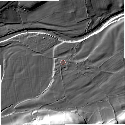 Shaded relief map of the ground around LA105JL, computed from Environment Agency LiDAR. The ground here sits at about 116 m above sea level and falls 34 m across the surrounding 800 m. Surface water reaching this point runs off ground lying to the east, 1.0 m higher.