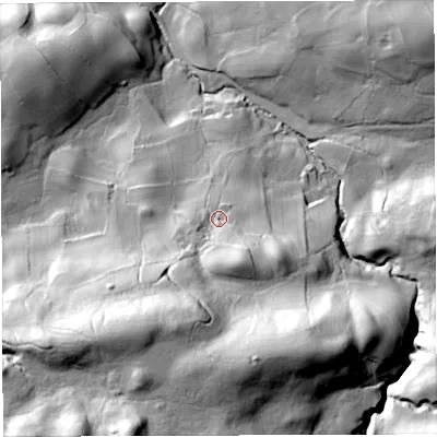 Shaded relief map of the ground around LA105JR, computed from Environment Agency LiDAR. The ground here sits at about 170 m above sea level and falls 85 m across the surrounding 800 m. Surface water reaching this point runs off ground lying to the south, 19.3 m higher.