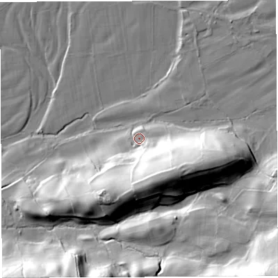 Shaded relief map of the ground around LA105JT, computed from Environment Agency LiDAR. The ground here sits at about 117 m above sea level and falls 57 m across the surrounding 800 m. Surface water reaching this point runs off ground lying to the south-east, 30.7 m higher.