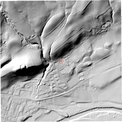 Shaded relief map of the ground around LA105LD, computed from Environment Agency LiDAR. The ground here sits at about 133 m above sea level and falls 104 m across the surrounding 800 m. Surface water reaching this point runs off ground lying to the north-north-west, 27.9 m higher.