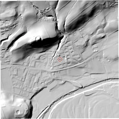 Shaded relief map of the ground around LA105LE, computed from Environment Agency LiDAR. The ground here sits at about 124 m above sea level and falls 81 m across the surrounding 800 m. Surface water reaching this point runs off ground lying to the north, 8.6 m higher.