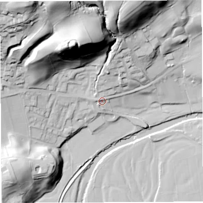 Shaded relief map of the ground around LA105LG, computed from Environment Agency LiDAR. The ground here sits at about 119 m above sea level and falls 72 m across the surrounding 800 m. Surface water reaching this point runs off ground lying to the north, 7.0 m higher.
