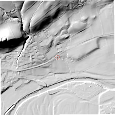 Shaded relief map of the ground around LA105LH, computed from Environment Agency LiDAR. The ground here sits at about 119 m above sea level and falls 74 m across the surrounding 800 m. Surface water reaching this point runs off ground lying to the north-west, 18.7 m higher.
