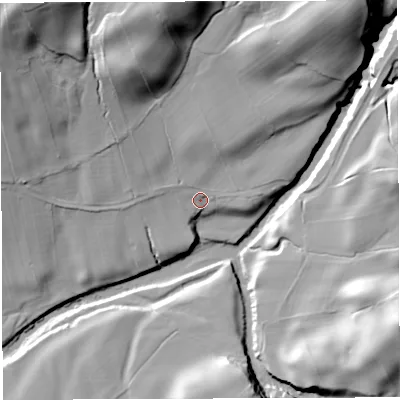 Shaded relief map of the ground around LA105LN, computed from Environment Agency LiDAR. The ground here sits at about 123 m above sea level and falls 47 m across the surrounding 800 m. Surface water reaching this point runs off ground lying to the north, 30.3 m higher.